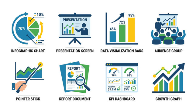 A vector set of business presentation icons featuring infographic charts and data visualization bars for a professional audience in a corporate setting with a report document and growth graph.