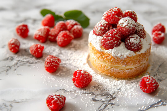 Elegant petit g&acirc;teau served with fresh raspberries on marble surface