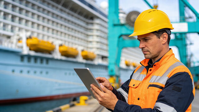 Male engineer inspecting cruise ship with tablet at dock