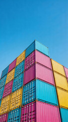 Fototapeta premium Colorful shipping containers stacked against clear blue sky
