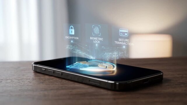 mobile payment security platform concept. Smartphone displaying holographic cybersecurity icons on wooden table.