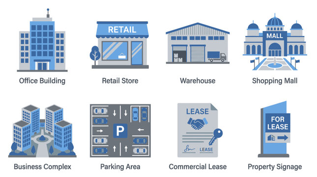 Business vector set showcasing various commercial buildings including office building, retail store, warehouse, shopping mall, business complex, parking area, commercial lease, and property signage.