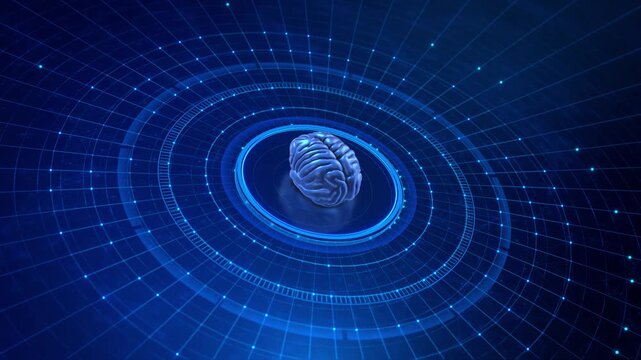 Human Hand click on Artificial Brain Human Intelligence Digital Neural Network digital brain model inside circular HUD interface computing, AI research, deep learning systems, intelligent processing.
