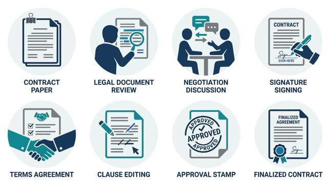 Business professionals engaged in contract negotiation and signing a finalized agreement using a vector set of legal documents and approval stamps.