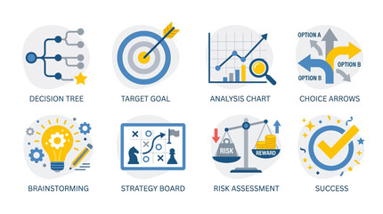 Fototapeta premium Vector set of business strategy icons including decision tree, target goal, analysis chart, choice arrows, brainstorming, strategy board, risk assessment, and success symbols.