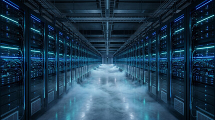 Fototapeta premium Futuristic Server Room Interior with Blue LED Lit Racks — Symmetrical Data Center Corridor, 8K Commercial