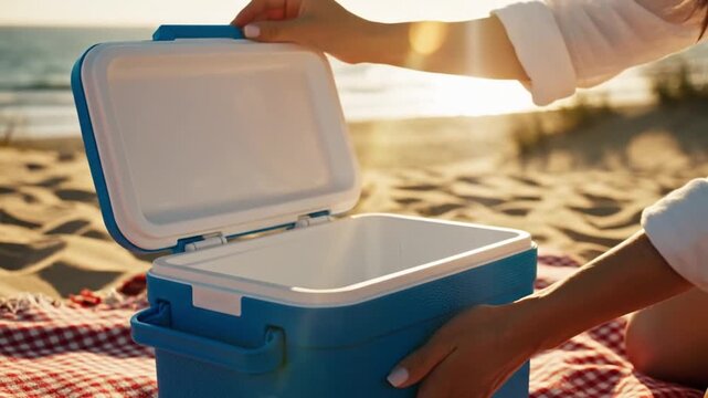 One small cooler box slightly open sunlight hitting inside empty space commercial storytelling