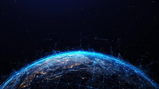 Futuristic Earth with glowing network connections data lines across continents for technology global communication, AI systems blockchain visuals, cybersecurity themes, digital transformation projects