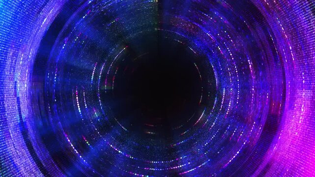 Abstract futuristic circular tunnel glowing magenta data streams pixel textures motion. cyber space, big data flow, digital networks, immersive technology environment high speed motion depth energy.