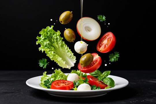 Fresh salad components tumble mid-air above a crisp base.