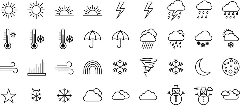 Weather icons collection with sun, rain, snow, wind and clouds on checkered background.