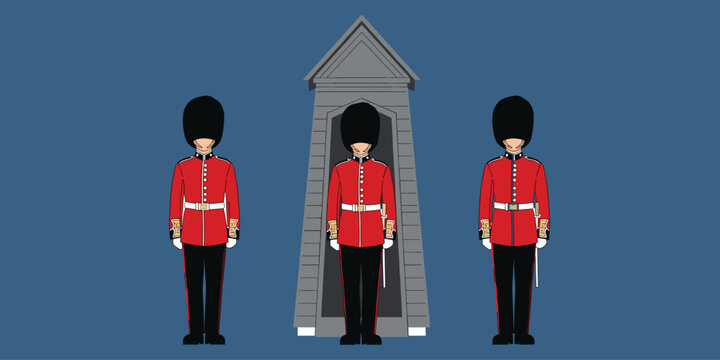 Three British royal guards standing outside a booth in uniform with bearskin hats.
