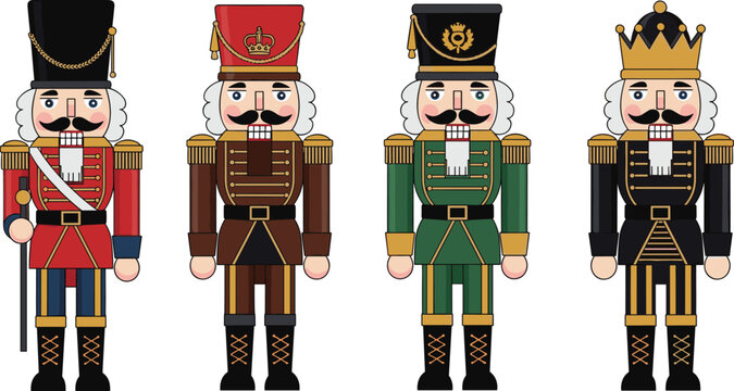 Four nutcracker soldiers in uniform, Christmas decoration characters.