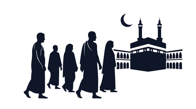 Silhouette vector graphic of a group of muslim pilgrims in ihram clothing walking towards the holy kaaba building at grand mosque during islamic hajj pilgrimage night journey.