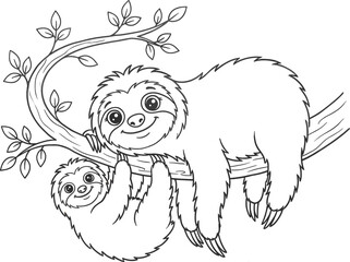 Obraz premium Cute sloth mother and baby hanging on tree branch line art illustration, adorable jungle animal coloring page style drawing
