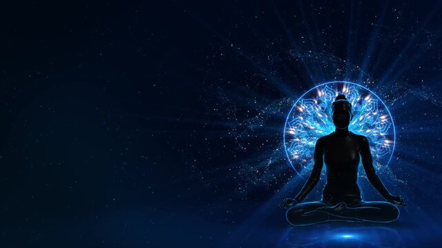 Chakras Yoga circle animation for meditation events background, festival, education, practice. Woman practicing yoga meditation outdoors peace mindfulness balance relaxation mental health and nature