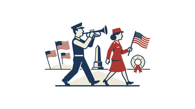 Memorial Day Parade Procession with Flags and Trumpet