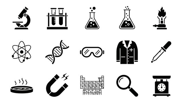 A 3x5 grid of black silhouette icons representing various science equipment and concepts