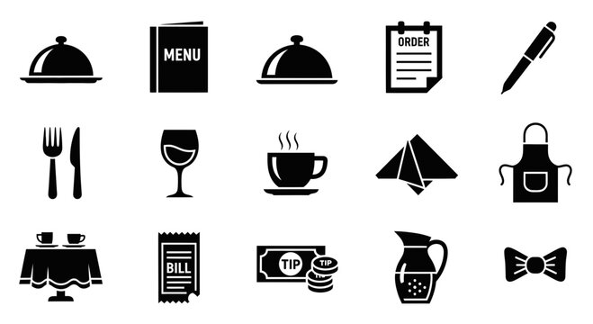 A collection of 15 black silhouette icons related to dining and restaurant service