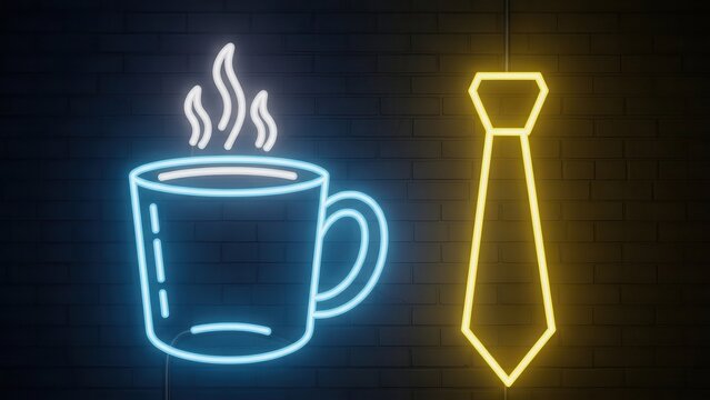 Luminous neon coffee mug and business tie on a dark brick wall, a symbol of daily professional life