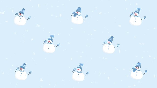 Christmas Loop Background. Happy Snowmen are Dancing under Snowfall. Funny Holiday Characters in Blue Hats, Scarves, Gloves. Video in Blue, White on Light Blue