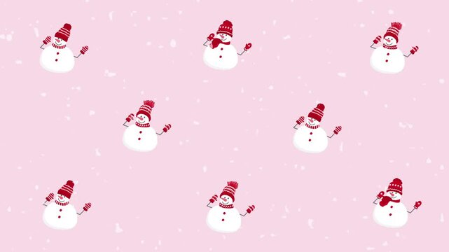 Christmas Loop Background. Happy Snowmen are Dancing under Snowfall. Funny Holiday Characters in Red Hats, Scarves, Gloves. Video in Red, White on Pink