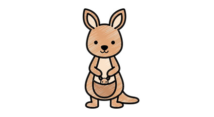 Fototapeta premium Cute cartoon kangaroo with joey in pouch, isolated on white background