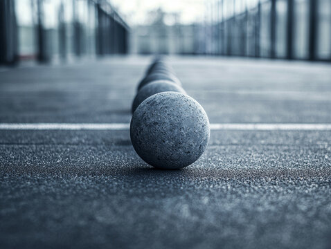 Rough gray spheres aligned on dark asphalt with a white stripe, leading into a blurred urban background