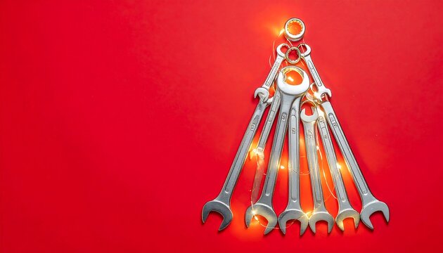 A Christmas tree made of wrenches on a red background