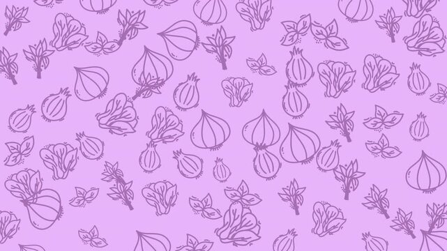 Seamless vegetable doodle pattern animation featuring onion, lettuce and herbs on purple background. Perfect for food design, organic theme, packaging and healthy lifestyle projects.