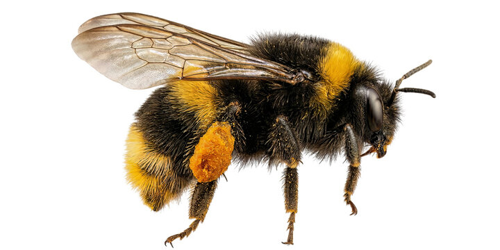 Extreme close-up of a fluffy bumblebee with yellow pollen sacs on its hind legs, captured against a clean white background for a vibrant macro shot