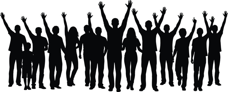 People Silhouettes Celebrating with Raised Arms on White Background