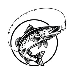 Fototapeta premium Vintage engraving of a leaping trout with fishing line in a circular frame