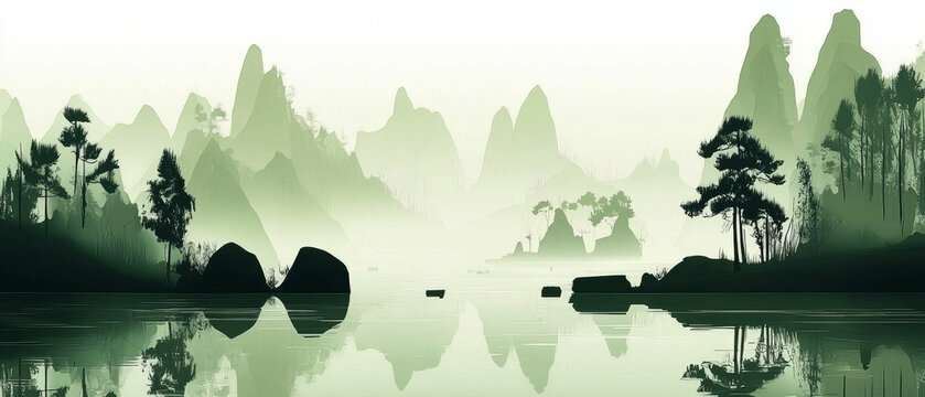Serene green misty mountains over reflective water with silhouetted trees, evoking a traditional Asian landscape style