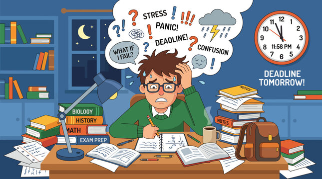 Stressed Male Student Studying Late at Night for Exam Deadline, Academic Pressure and Anxiety Illustration