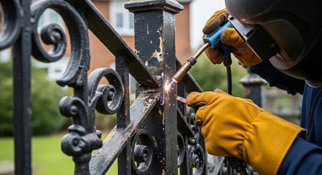 A person wearing protective gear welds an ornate metal gate outdoors.