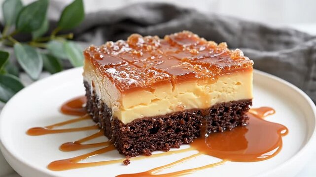 A square slice of layered chocoflan cake featuring a dark chocolate sponge base topped with a thick custard flan layer and glossy caramel syrup on a white ceramic plate.
