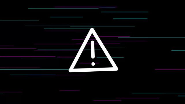 Warning sign icon with colorful glitch effect on black background, digital error concept illustration