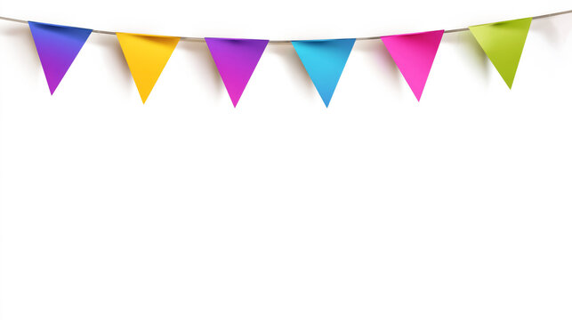 Colorful bunting flags on string hanging against white background