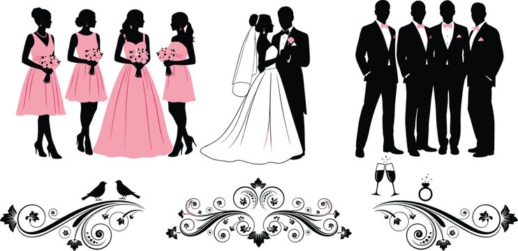 Wedding party silhouettes bride groom bridesmaids groomsmen champagne glasses ring and decorative elements.