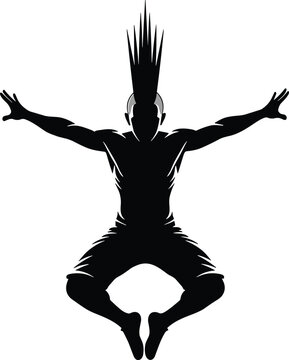 Dynamic silhouette of a man with a mohawk jumping with arms outstretched.