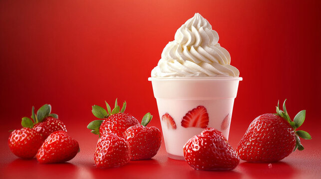 Strawberry smoothie with whipped cream and fresh strawberries on a vibrant red background