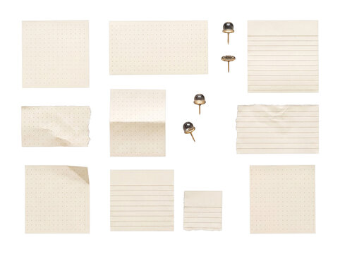 Assorted dot grid and lined paper notes with metallic thumbtacks, isolated on a transparent background.