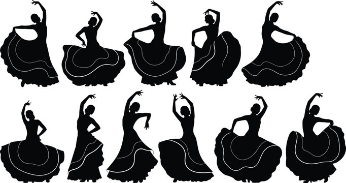 Flamenco dancer silhouettes in dynamic poses elegant skirts.