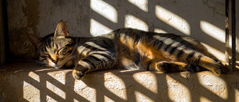 Striped tabby cat peacefully sleeping on a sunlit textured ledge, intricate shadows falling across its fur and the wall