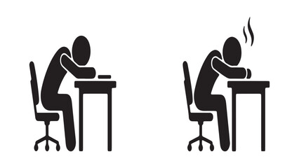 Fototapeta premium Tired employee sitting at desk set. Exhausted businessman sleeping on office table and worker experiencing burnout with steam from head. Mental health at work and overwork concept vector illustration.