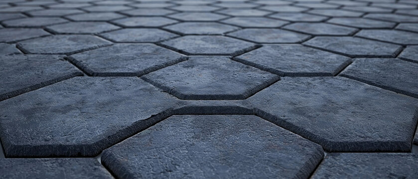 Textured dark gray irregular hexagonal pavers form a pattern, receding into soft focus, creating depth