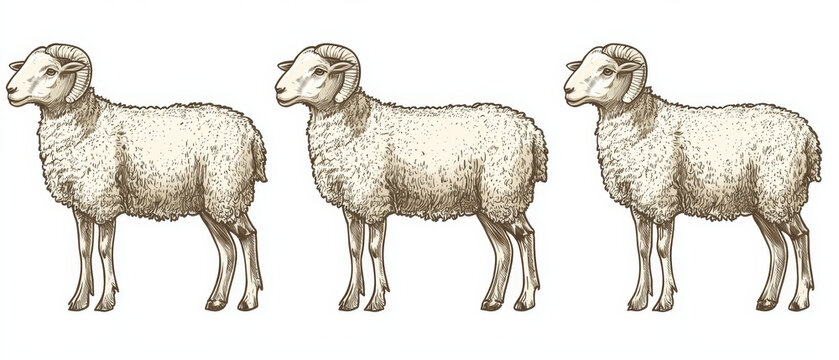 Three identical hand-drawn rams with horns, facing left Beige wool textured sketch art on a clean white background