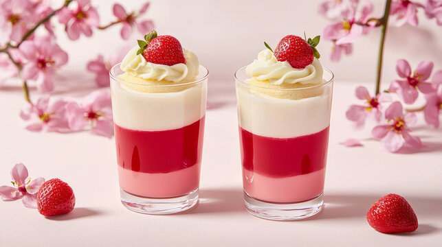Two layered strawberry cream desserts in clear glasses, topped with berries, amidst delicate pink blossoms