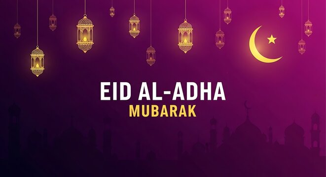 Celebrating eid al-adha with traditional lanterns and crescent moon symbol